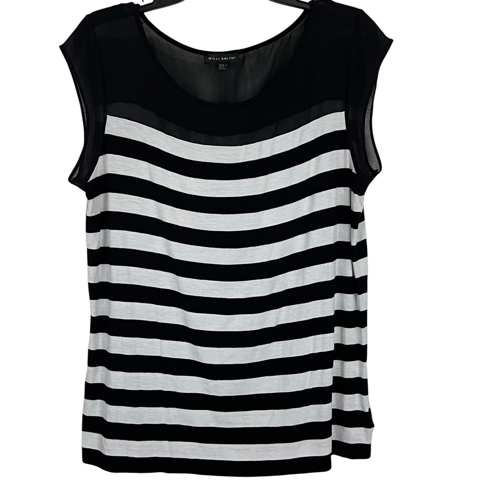 Willi Smith Women's Black/White Striped Blouse - Sheer Yoke - Size XL